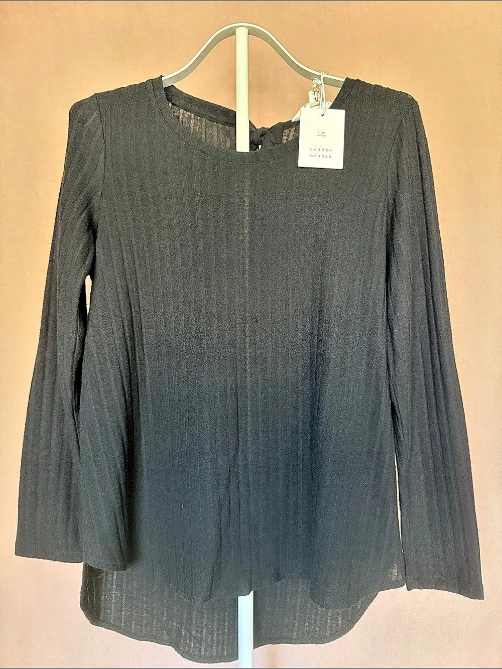 LC Lauren Conrad Long Sleeve Sweater Top Pleated Bow Blouse in Black Size Medium